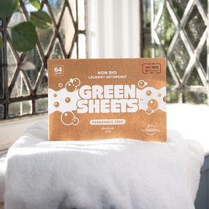 Fragrance Free UK made Eco detergent kind to the environment washing strips 64 pack on white towel