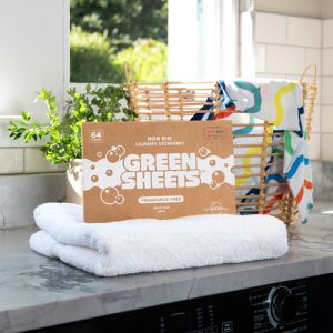 Fragrance Free UK made Eco detergent kind to the environment washing strips 64 pack on white towel