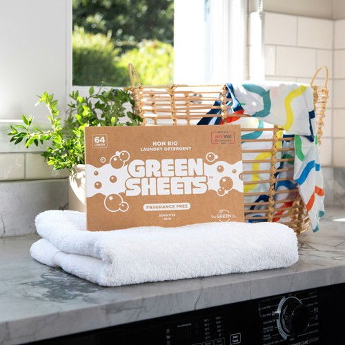 Fragrance Free UK made Eco detergent kind to the environment washing strips 64 pack on white towel