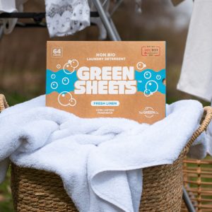 UK made Fresh Linen, Eco plastic free Green Sheets, kind to the environment washing strips 64 pack white washing basket